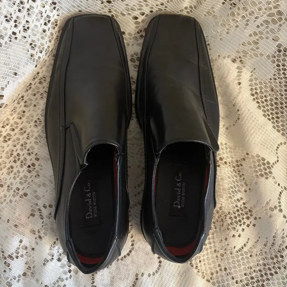 David & Co Men's US 9.5 W Black Leather Square Toe Dress Loafers Shoes